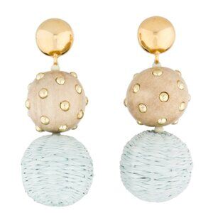 Oscar de la Renta Raffia & Wood Ball Drop Earrings - CLIP ONS